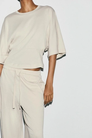 Ecru | 4174/804/712 - Zara Прямые хлопковые брюки