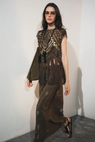 Купить Zara Юбка с вышивкой и льном — ZW COLLECTION