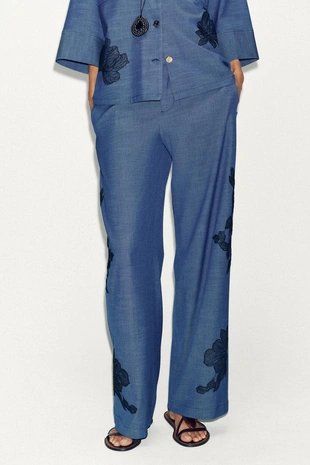 Брюки широкого кроя с цветами- Заказать в России