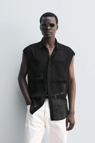 Рубашка из полупрозрачной ткани с карманами- Заказать в России