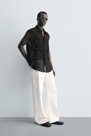 Рубашка из полупрозрачной ткани с карманами- Заказать в России