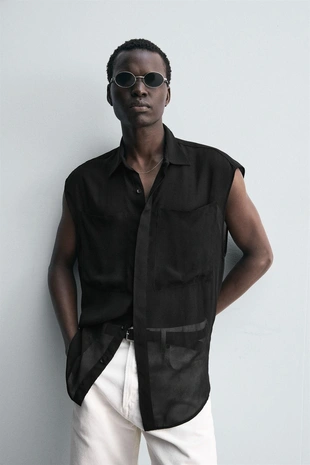 Рубашка из полупрозрачной ткани с карманами- Заказать в России