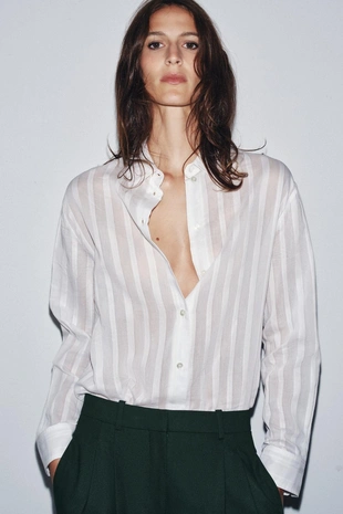 Купить Zara Рубашка в полоску из хлопка и шелка — ZW COLLECTION