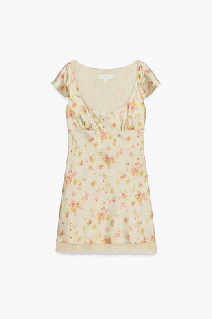 Короткое атласное платье с цветочным принтом- Заказать в России