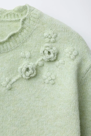 Pastel green | 3920/705/508 - Zara Свитер с цветочными деталями из кружева кроше