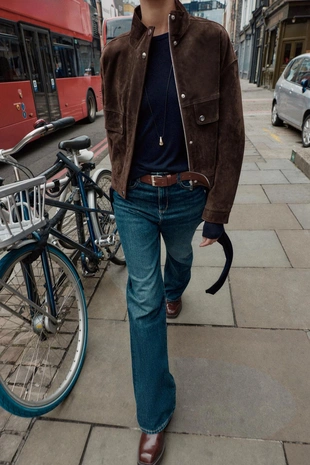 Купить Zara Бомбер из замши с карманами