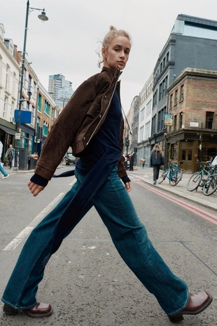 Brown marl | 3046/258/724 - Zara Бомбер из замши с карманами