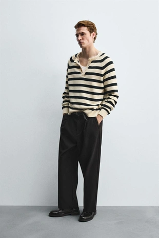 Полосатый джемпер с воротником на пуговицах- Заказать в России