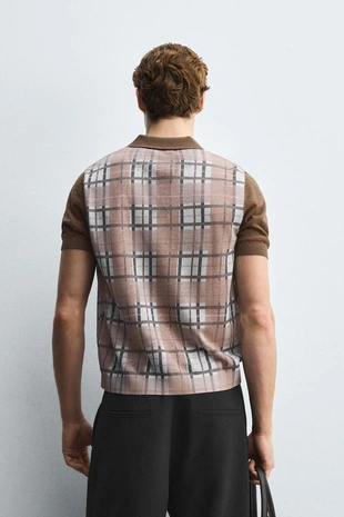 Dark beige | 2142/304/731 - Zara Трикотажное поло в клетку с принтом