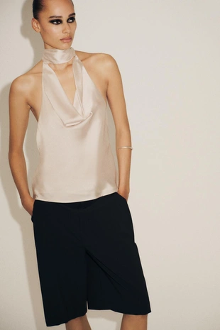 Атласный топ с горловиной халтер и бахромой- Заказать в России