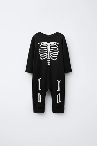 Black | 4424/598/800 - Zara Пижама-слип с преобразуемыми стопами, скелет, светящаяся в темноте