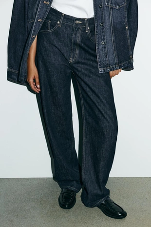 Прямые джинсы TRF с высокой посадкой и хлястиком- Заказать в России