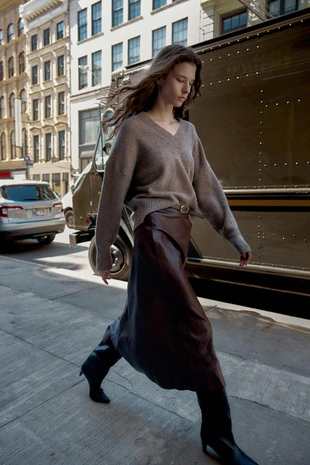 Миди-юбка из искусственной кожи с поясом- Заказать в России