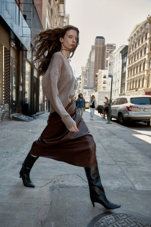 Миди-юбка из искусственной кожи с поясом- Заказать в России