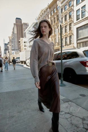 Миди-юбка из искусственной кожи с поясом- Заказать в России