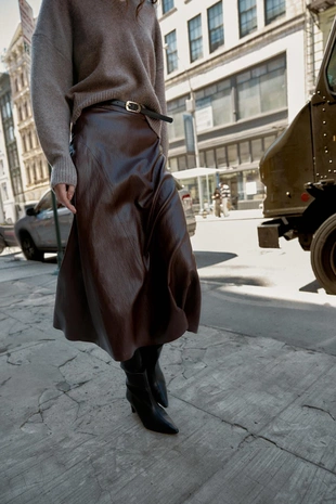 Миди-юбка из искусственной кожи с поясом- Заказать в России