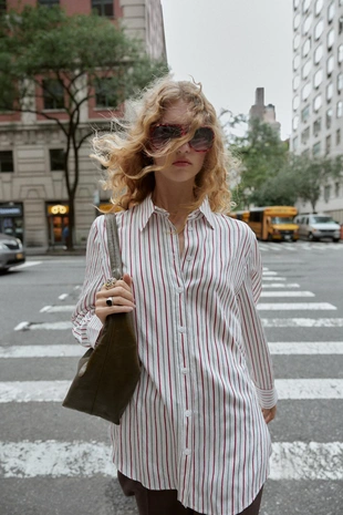White / Red | 9152/605/061 - Zara Рубашка OVERSIZE в полоску из поплина