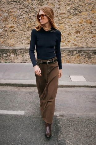 Brown | 3777/222/700 - Zara Джинсовая юбка-трапеция Z1975 MIDI