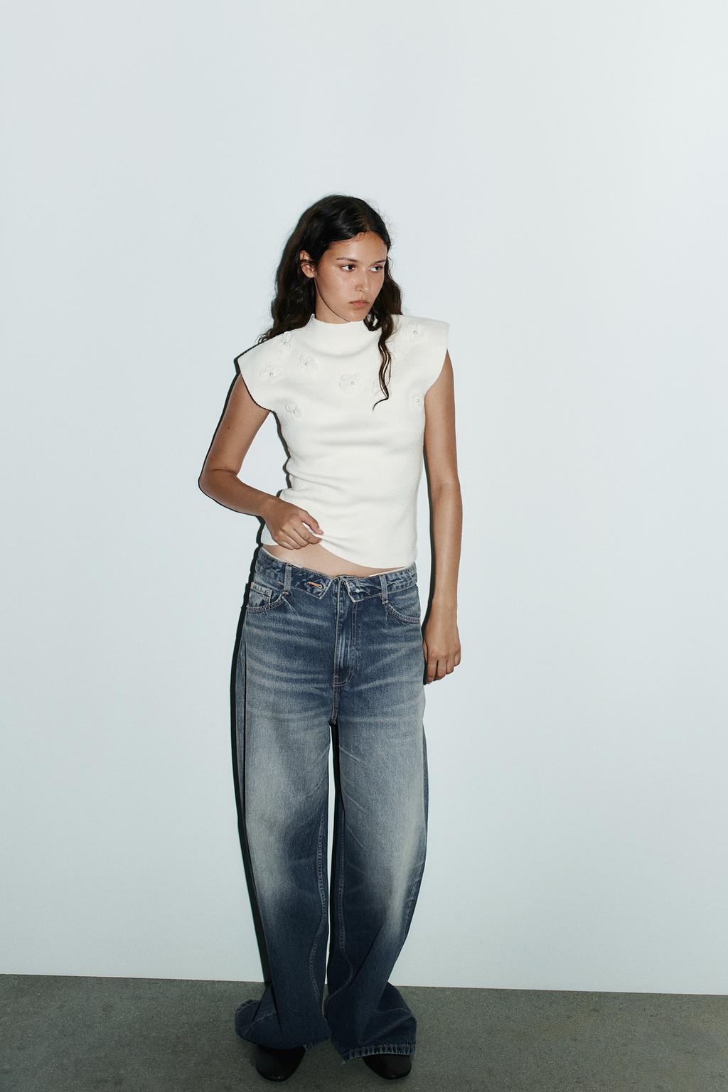 Zara Топ с цветами, рельефом и отделкой драгоценными камнями