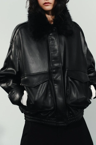 Black | 4341/781/800 - Zara Куртка с отстегивающимся воротником из искусственного меха