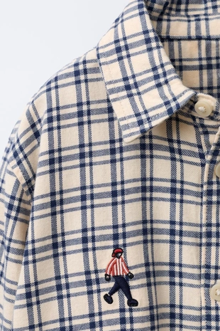 Ecru / Blue | 1063/519/080 - Zara Рубашка с вышивкой и клетчатым узором