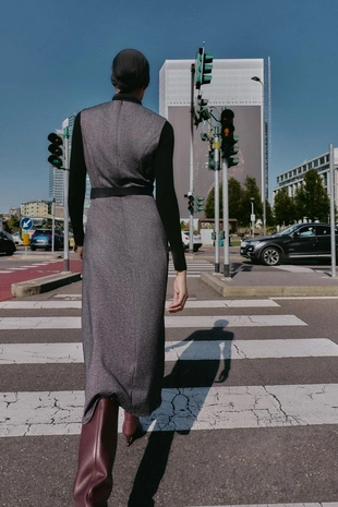 Grey marl | 4387/239/803 - Zara Платье-миди с эффектом жаспе с поясом