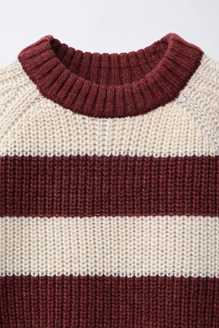 Ecru / Maroon | 5536/629/068 - Zara Вязаный джемпер в полоску с шерстью