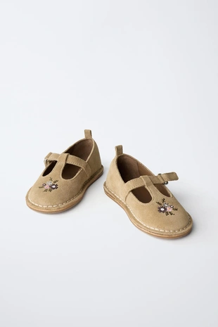Sand Brown | 6555/630/107 - Zara Кожаные балетки T с вышивкой