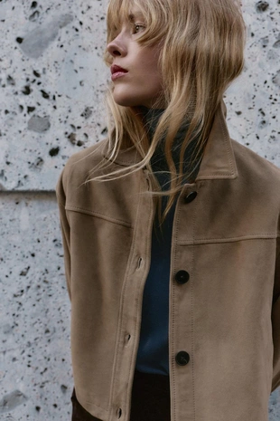 Beige | 4720/223/710 - Zara Куртка из 100% кожи с воротником