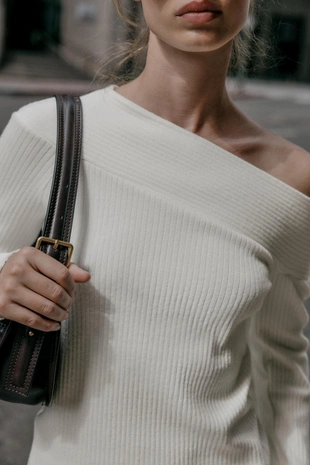 Ecru | 2298/400/712 - Zara Топ асимметричного кроя из мягкой ткани в рубчик