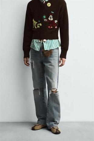 Купить Zara Расклешенные джинсы с разрезами HARRY LAMBERT FOR ZARA X DISNEY