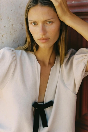 Блуза льняная с завязками- Заказать в России