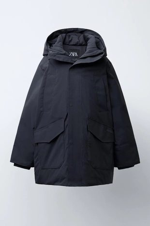 LONG FEATHER AND DOWN WATER-REPELLENT PUFFER JACKET WITH DETACHABLE FAUX FUR HOOD