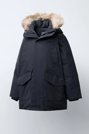 LONG FEATHER AND DOWN WATER-REPELLENT PUFFER JACKET WITH DETACHABLE FAUX FUR HOOD