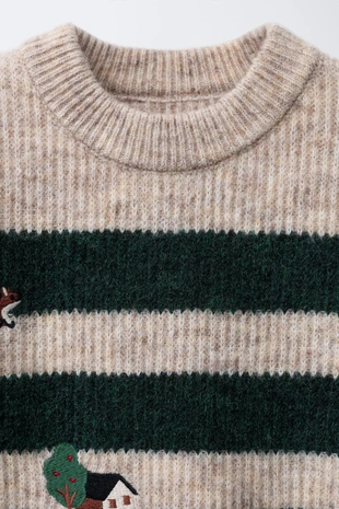 Light beige | 1473/577/052 - Zara Джемпер в полоску с вышивкой «лес»