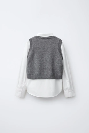 White / Grey | 4786/704/096 - Zara Рубашка из поплина, вязаный жилет и бархатные банты