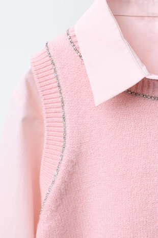 Pastel pink | 4786/705/621 - Zara Рубашка из поплина с жилетом со стразами