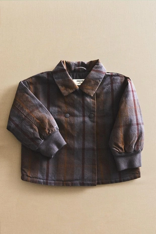 Детское пальто в клетку фоне брауна и синего- Заказать в России