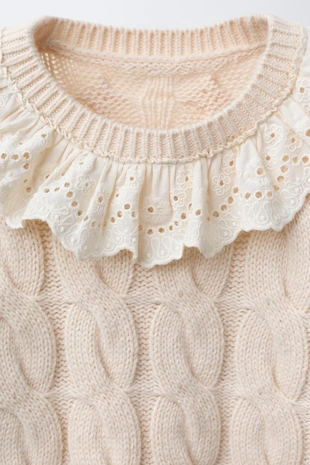 Ecru | 3920/833/712 - Zara Свитер с узором «косы» и кружевным воротником