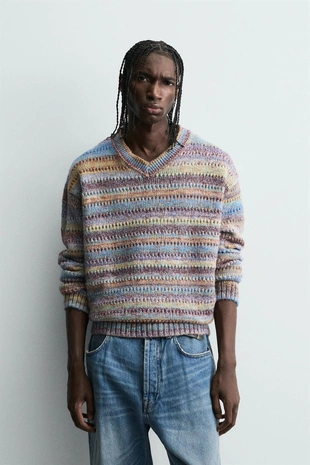 Джемпер в полоску с ажурной вязкой- Заказать в России