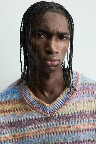 Джемпер в полоску с ажурной вязкой- Заказать в России