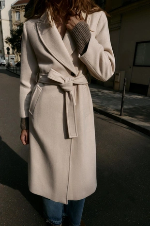 Длинное пальто из смесовой шерсти с поясом- Заказать в России