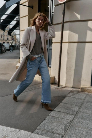 Длинное пальто из смесовой шерсти с поясом- Заказать в России