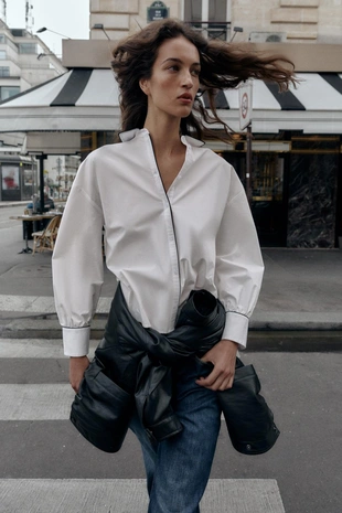 Купить Zara Рубашка из поплина с контрастной отделкой