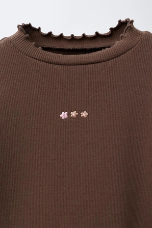 Chocolate brown | 4424/350/753 - Zara Футболка в рубчик с вышивкой
