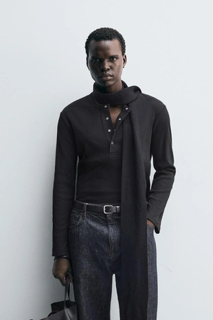 Купить Zara Футболка с воротником на пуговицах из рельефной ткани