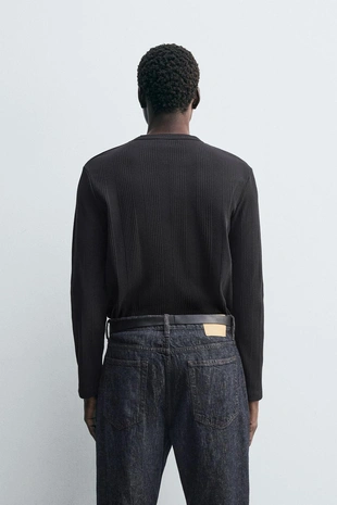 Black | 5372/366/800 - Zara Футболка с воротником на пуговицах из рельефной ткани