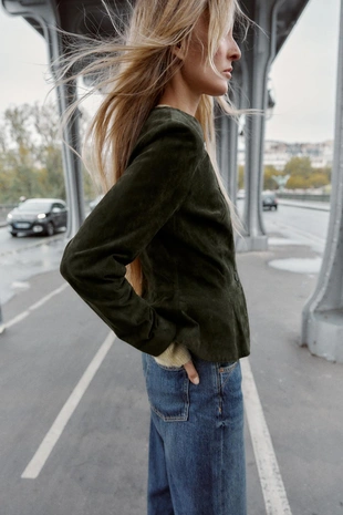 Khaki | 6318/232/505 - Zara Куртка из 100% кожи с расклешенным низом