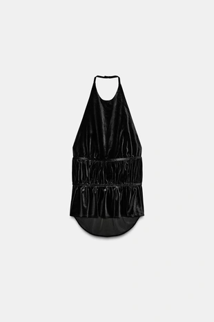 Топ из бархата с горловиной халтер и сборками- Заказать в России