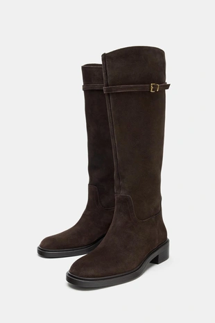 Brown | 2050/610/700 - Zara Замшевые сапоги в жокейском стиле на плоской подошве
